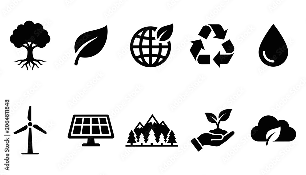 Fototapeta premium Sustainable eco icons with renewable energy and nature symbols on white background