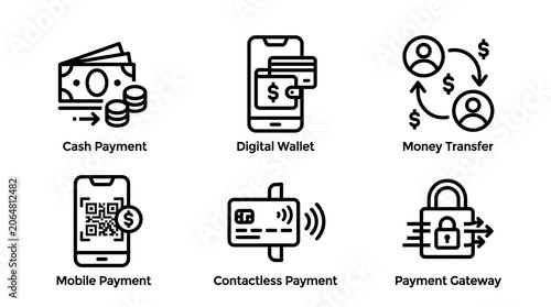 Cash payment icons on white background