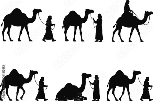 Foto Collection of camel silhouettes with handler and rider isolated on white backgro