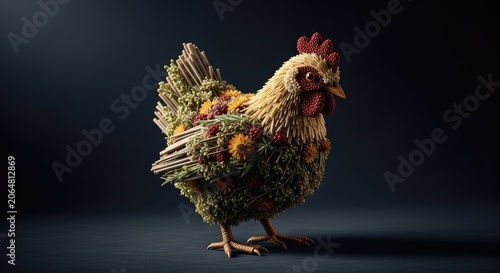 Colorful Hen Standing on Dark Background.