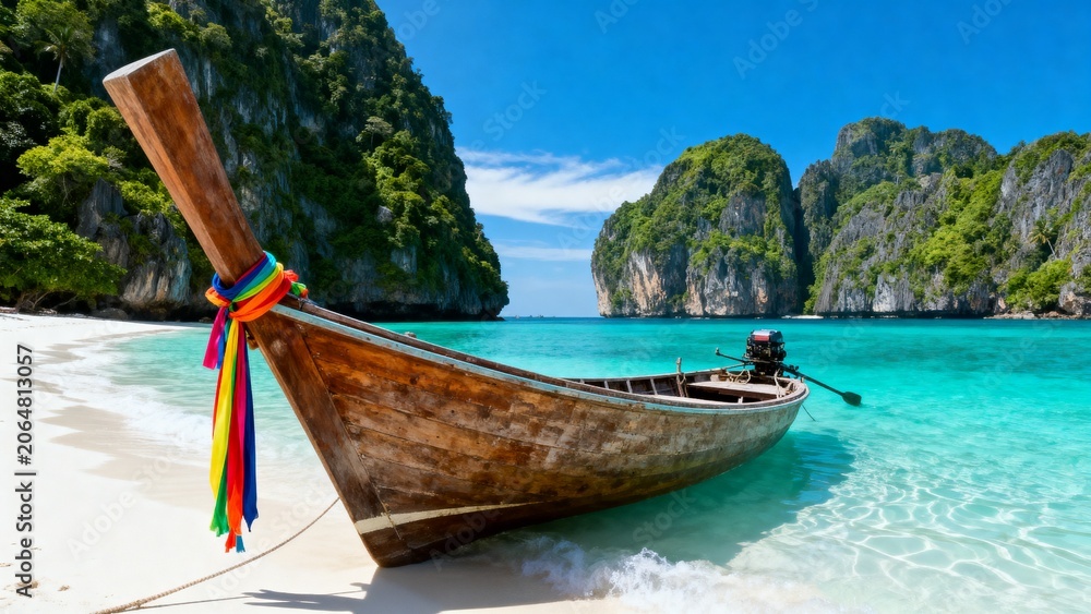 Fototapeta premium Scenic view of a traditional Thai wooden boat on a white sand beach with crystal clear turquoise water and majestic limestone cliff. Idyllic tropical holiday and travel destination.
