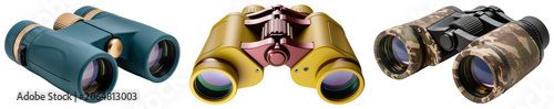 Photos Three different pairs of binoculars isolated on a white background