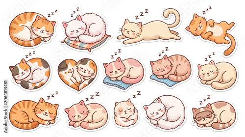 Cute cartoon cat stickers showing various sleeping poses and breeds.