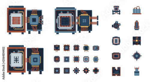 Pixel art collection of computer processors and electronic components.