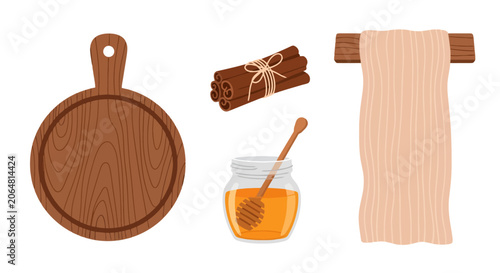 Rustic Kitchen Essentials - Cutting Board, Cinnamon, Honey, and Towel.