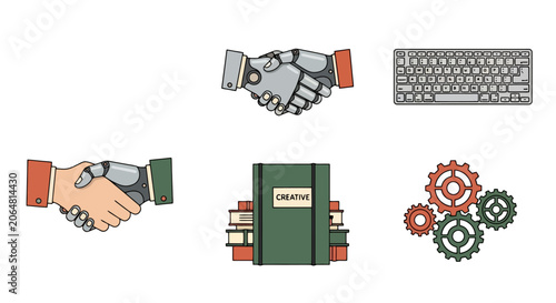 Robotic and Human Handshake with Technology and Education Icons.