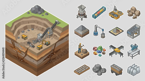 Foto Isometric mining industry elements and quarry illustration.