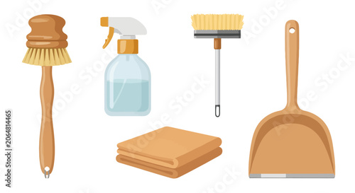 Set of cleaning tools and supplies for household chores.