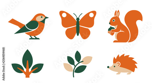 Set of Cute Forest Animals and Plants Illustrations.