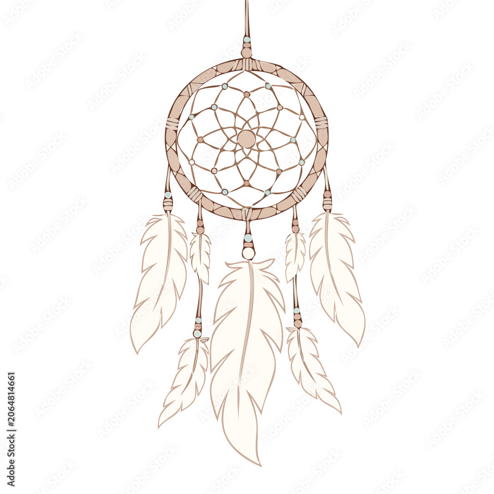 Obraz premium Elegant spiritual dreamcatcher design featuring delicate woven patterns, soft flowing feathers, and small ornamental beads, evoking a sense of tranquility and protection