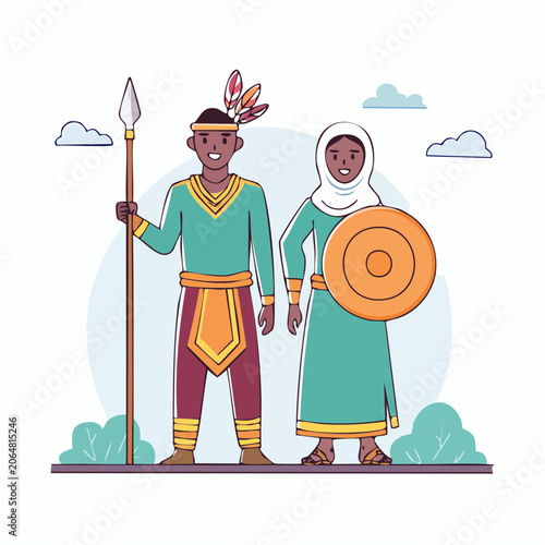 Diverse Couple in Traditional Attire with Spear and Shield