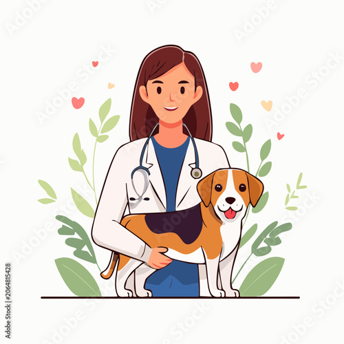 Veterinarian Holding a Beagle Dog with Plants and Hearts
