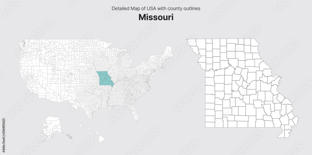 Fototapeta premium Vector US State and County Boundary Map. Missouri map.