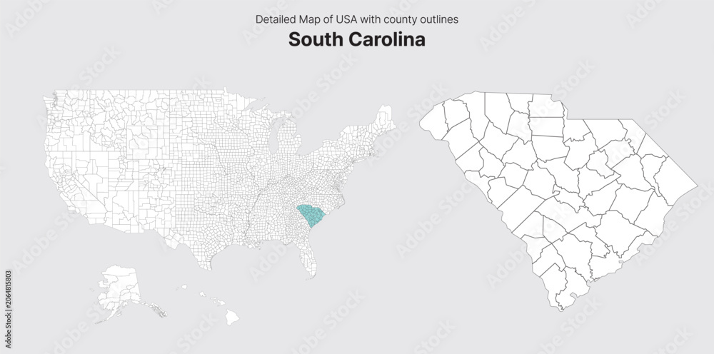 Fototapeta premium Vector US State and County Boundary Map. South Carolina map.