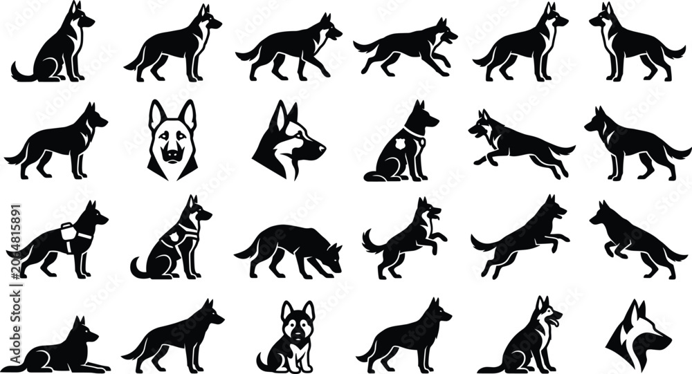 Fototapeta premium German shepherd dog silhouettes set vector icons featuring police canine in different poses sitting standing running walking jumping head portrait and puppy.