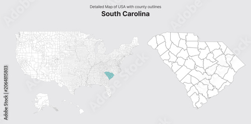 Vector US State and County Boundary Map.
South Carolina map.