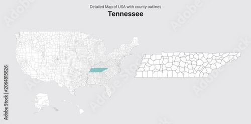 Vector US State and County Boundary Map.
Tennessee map.