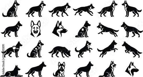 Obraz na plátně German shepherd dog silhouettes set vector icons featuring police canine in different poses sitting standing running walking jumping head portrait and puppy