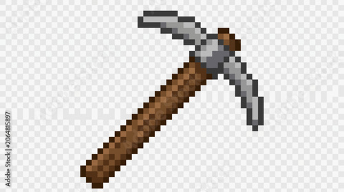 Pixel art pickaxe with wooden handle.