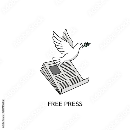 Graphic design of a peace dove carrying an olive branch over newspapers, symbolizing freedom of the press, independent journalism, and global peace