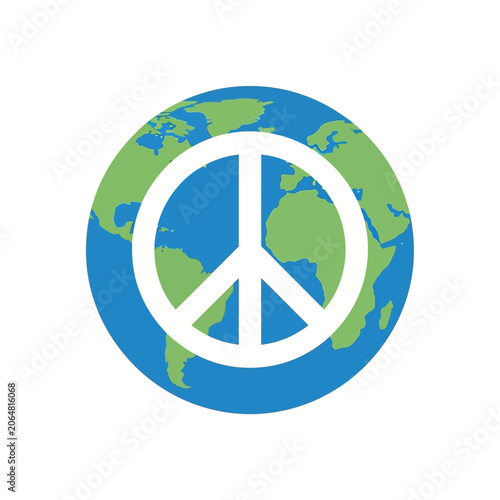 Flat color global peace icon featuring a white peace sign symbol over the Earth globe illustration