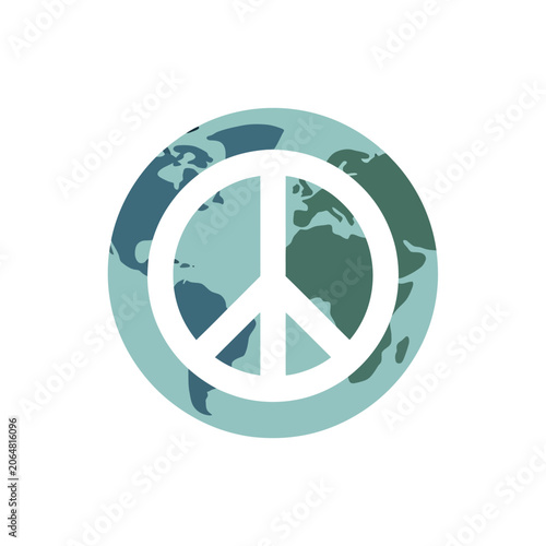 A symbol of peace superimposed on a stylized globe, representing global harmony and international unity