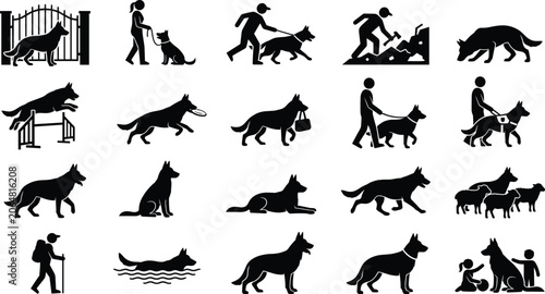 Tableau sur toile Working german shepherd silhouettes vector icons set depicting police canine training tracking rescue herding swimming guarding service dog and obedience