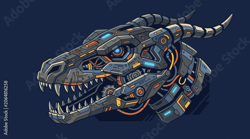 A robotic dinosaur head with glowing blue eyes and metallic circuits.