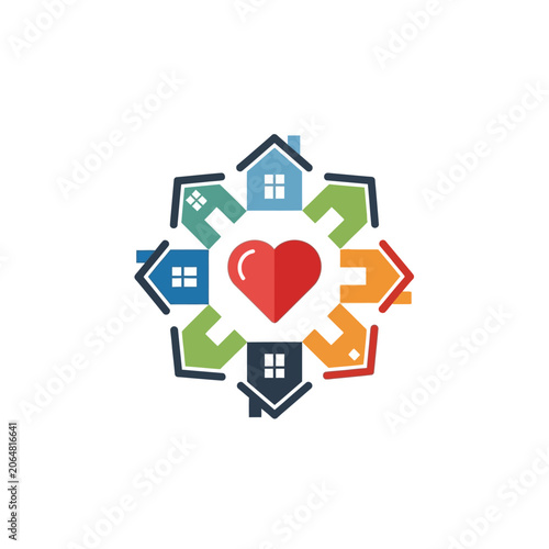 Flat Color Illustration of a Community Support Network with Houses Circling a Red Heart Representing Love and Care