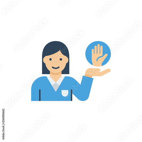 Flat Design Illustration of a Friendly Female Character Presenting a Symbolic Open Palm Icon for Social Support and Community Assistance