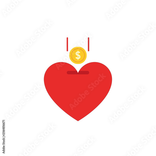 Golden dollar coin falling into a red heart, symbolizing charitable donations, philanthropic giving, and generosity for social causes and community aid
