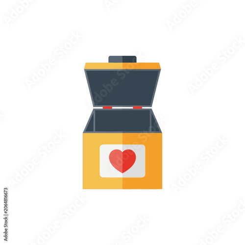Flat color illustration of an open donation box with a red heart symbol for charity and philanthropy concepts