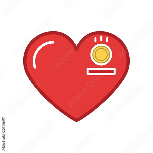 Red heart donation box icon with gold coin slot flat vector illustration