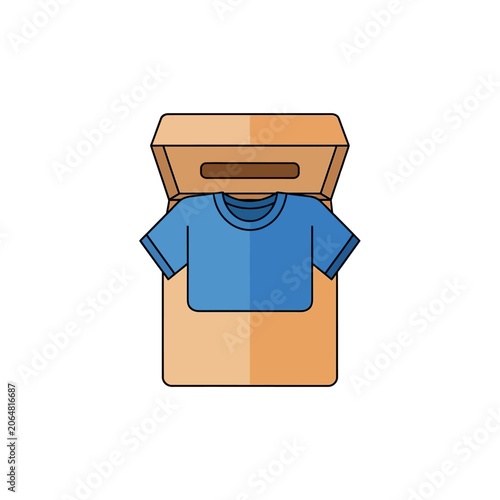 Blue shirt in cardboard box flat color icon for clothing donation or shipping concept