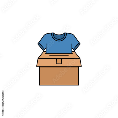 Flat color vector illustration of a blue t-shirt inside a cardboard box representing clothing donation and charity drive