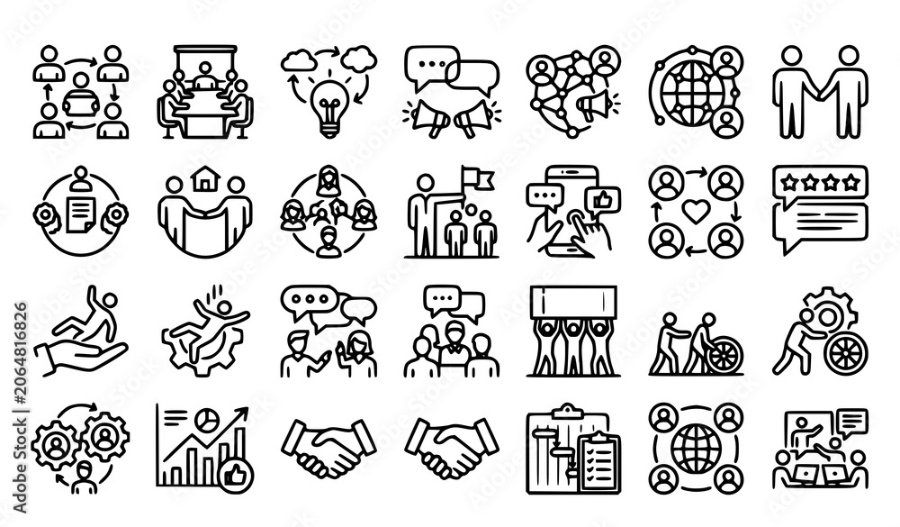Fototapeta premium Professional Teamwork and Social Engagement Line Icons Set Editable Stroke Vector Collection