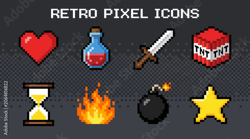 Retro pixel art icon set collection.