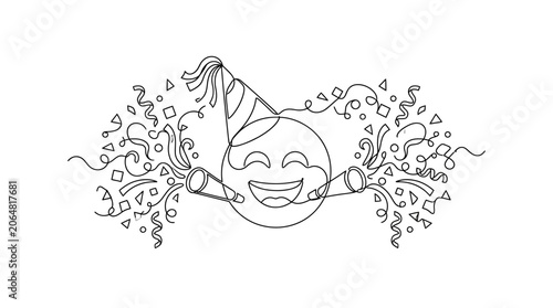 Foto Happy Face Emoji with Party Hat and Confetti, Celebrating Joyful Moment