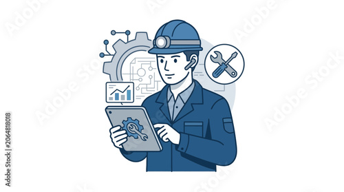 Engineer using tablet with blueprint, gears, and data graphics, industrial concept
