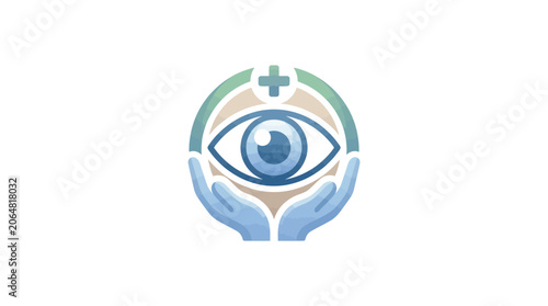 Eye care logo with hands and medical cross, vision health symbol