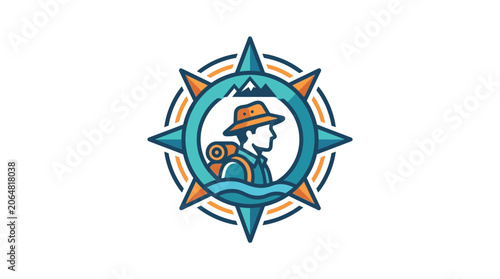 Explorer compass logo with hiker, mountains and sea, adventure travel concept