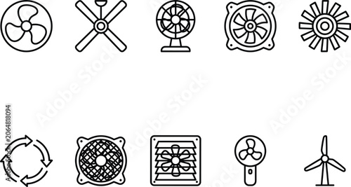 Collection of fan icons in a clean line art style with white background for technology concepts