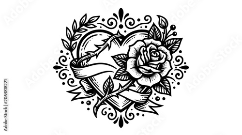 Heart Rose Tattoo Design with Banner and Laurel Wreath