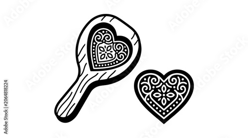 Heart Mirror and Ornamental Heart, Black and White Folk Art Style