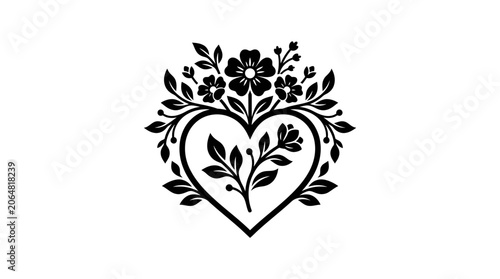 Heart shape floral ornament, elegant black silhouette, vector graphic