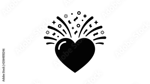Heart shape with celebratory fireworks and sparkles, love, celebration, abstract icon