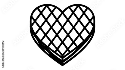 Heart shape waffle icon, simple line art, isolated on white background
