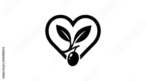 Heart shape with olive branch and olive, health and nature symbol