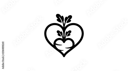 Heart shaped beet logo with leaves, healthy food symbol, vector illustration