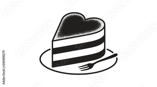 Heart Shaped Cake Slice with Fork, Black and White Illustration